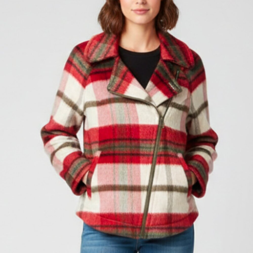 Cabi Shelter Red Plaid Moto Jacket XS